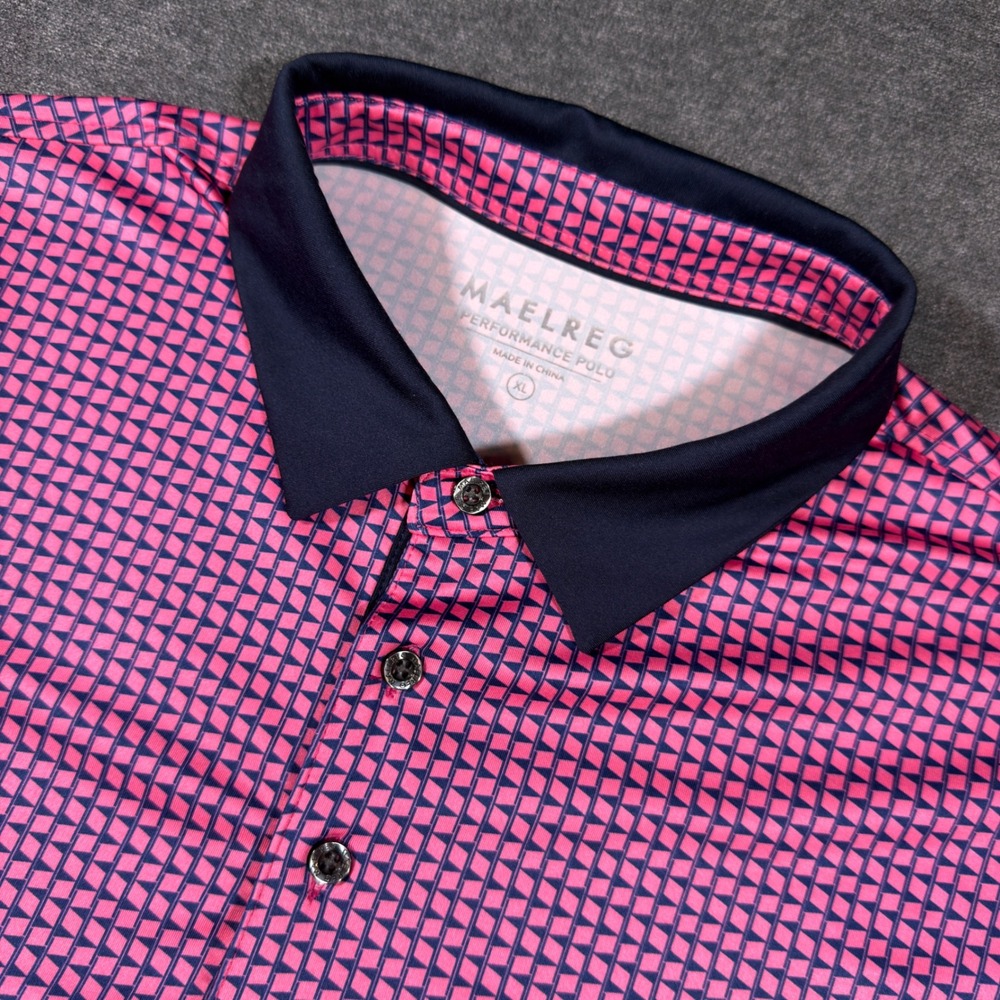 Maelreg Performance Polo Mens XL Pink Blue Geometric Short Sleeve Golf Shirt